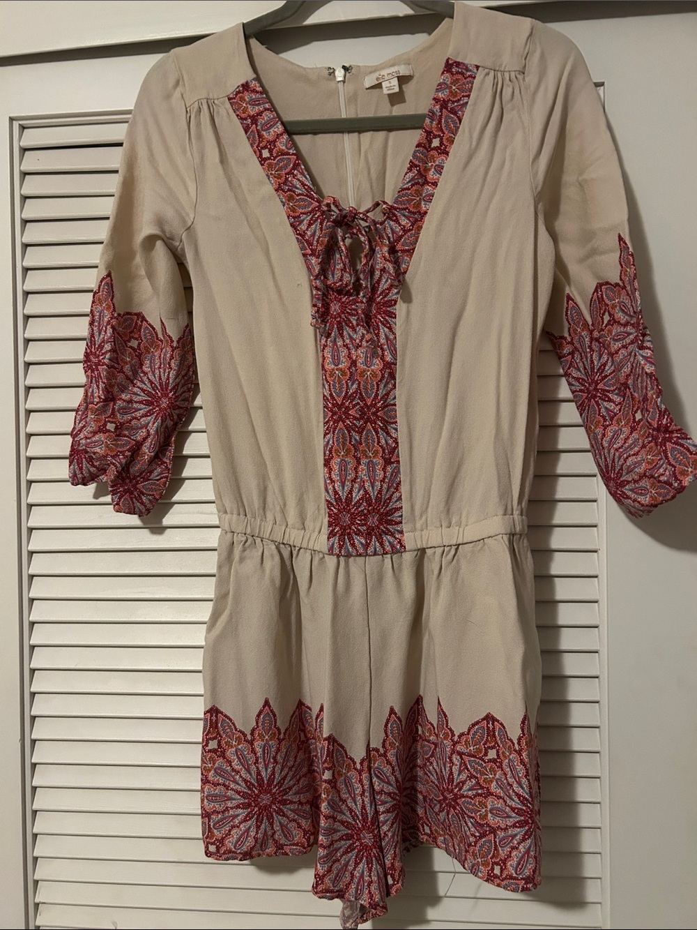 Ella Moss Cream Mini Dress with Red-Pink Embroidered Trim